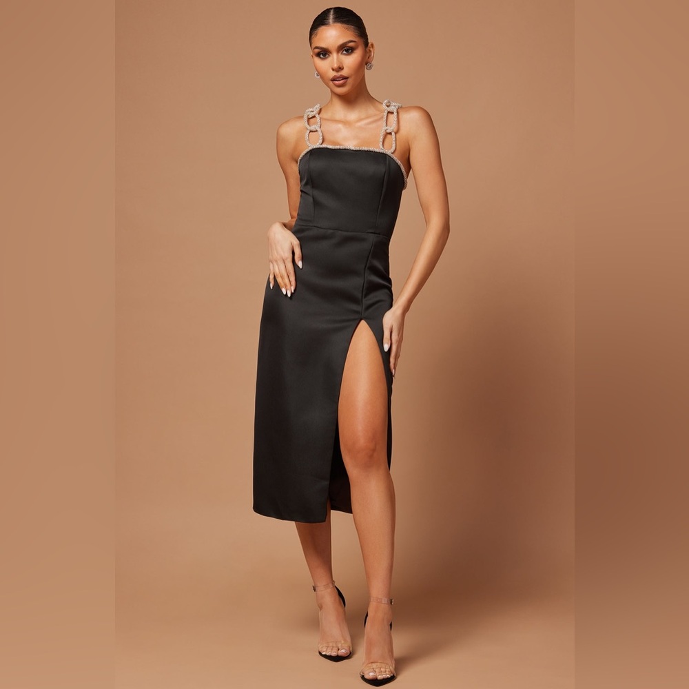 Fashion Nova Sienna Sleeveless Square Neck Satin Midi Dress - Black